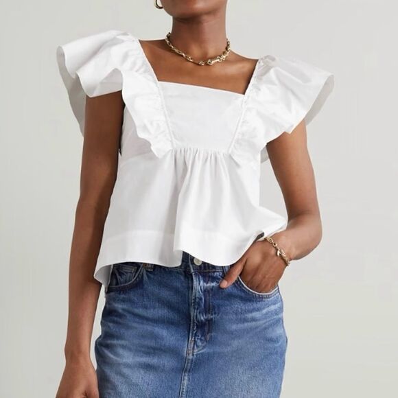Ganni Ruffle Cotton Poplin Blouse NWT  size 6/38 $ 195.00 - Picture 10 of 11